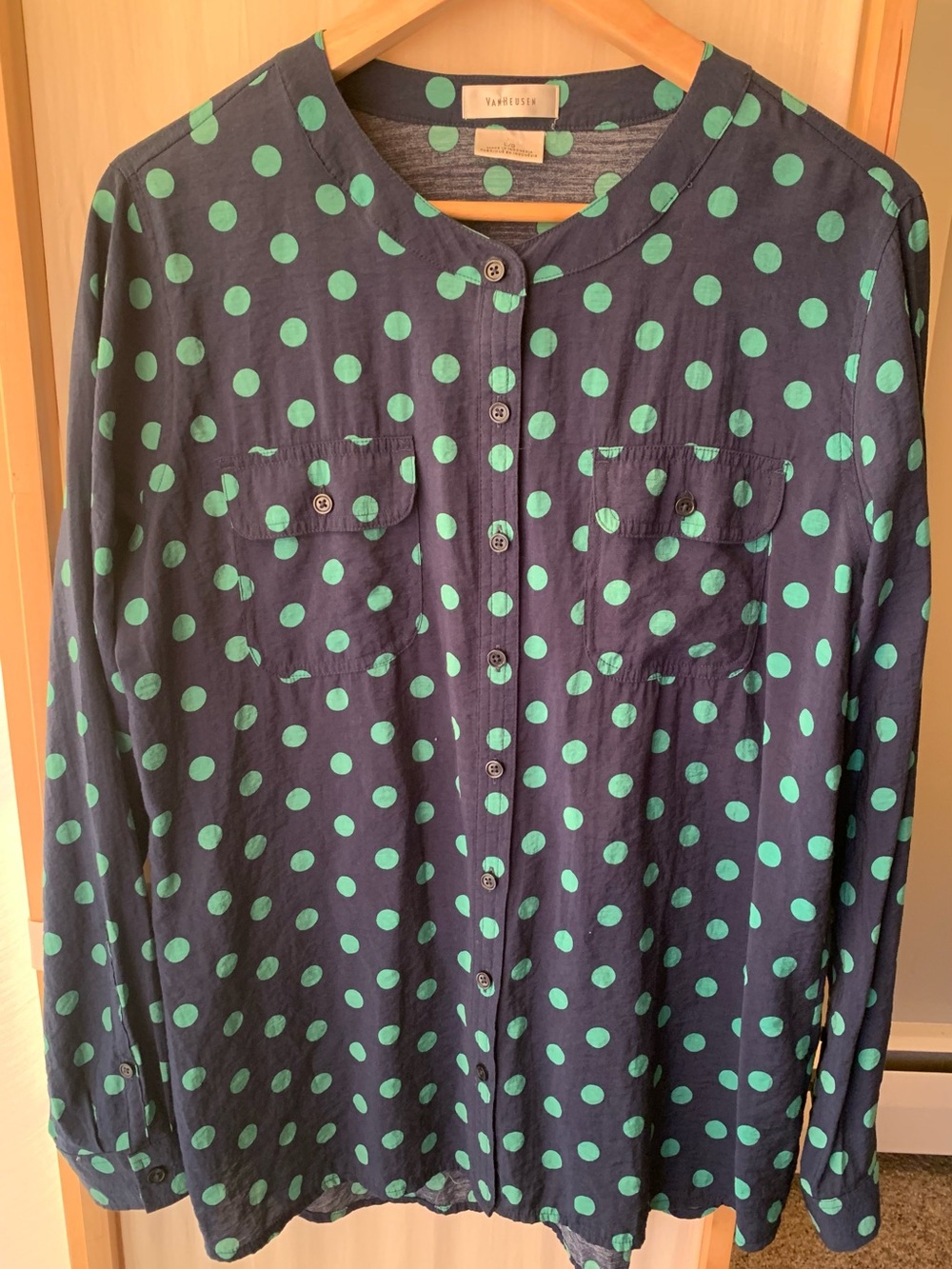 Van Heusen Polka Dot Button Down Navy Green Blouse Large